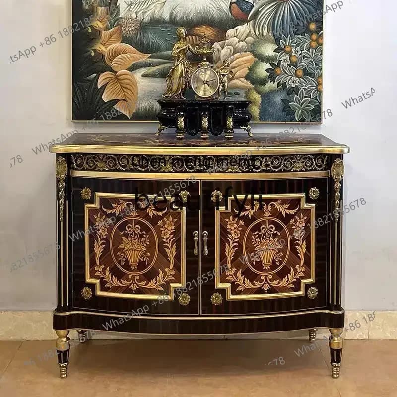Neoclassical entrance cabinet carved dining side cabinet luxury gold foil painted solid wood decorative cabinet6220