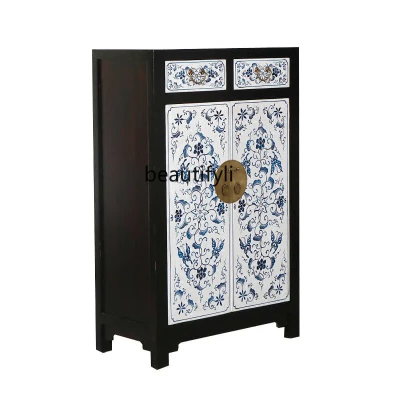 Modern new Chinese blue and white entrance cabinet, white retro hand-painted solid wood decorative dining side cabinet, simple