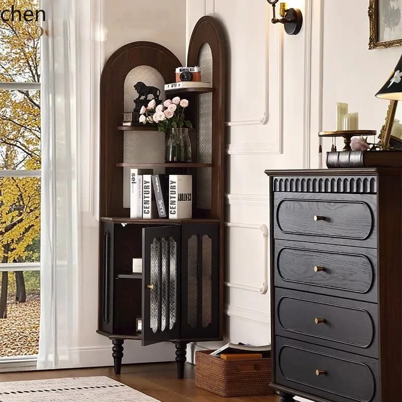 YFY  Retro Solid Wood Corner Cabinet Living Room Triangle Cabinet Storage Rack Wall-Mounted Integrated