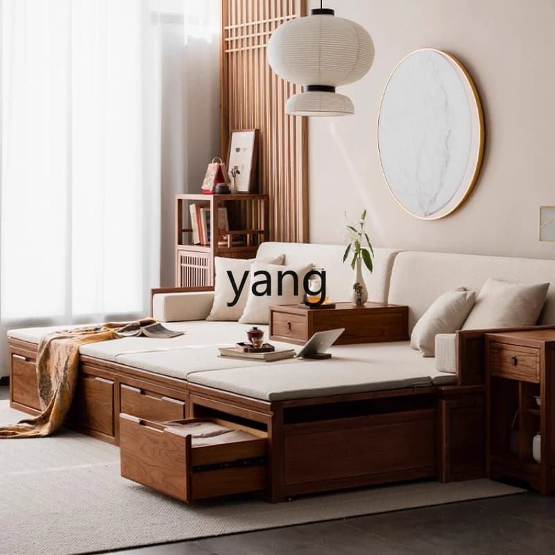 LMM Living Room Old Elm Wood Luohan Bed Storage Sliding Sofa Bed