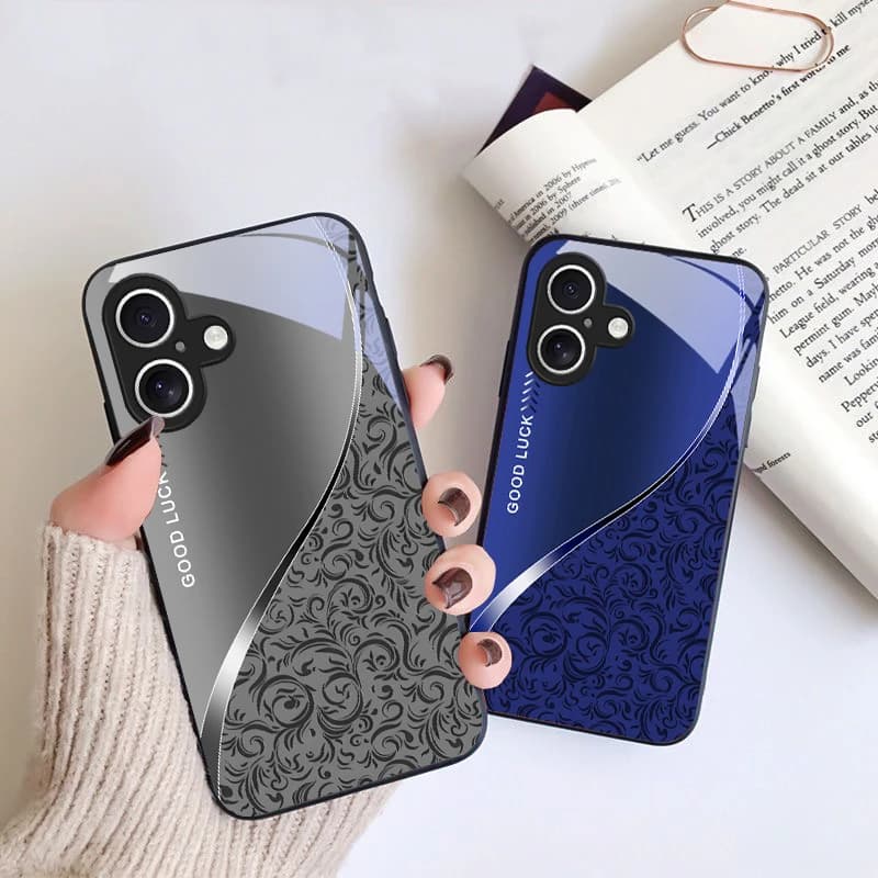 Black curly grass pattern For iPhone 16 Pro 17 Pro Max 11 12 mini 13 14 XR XS Max 16E 7 8 SE 5 6 Plus Air Black Glass Phone Case