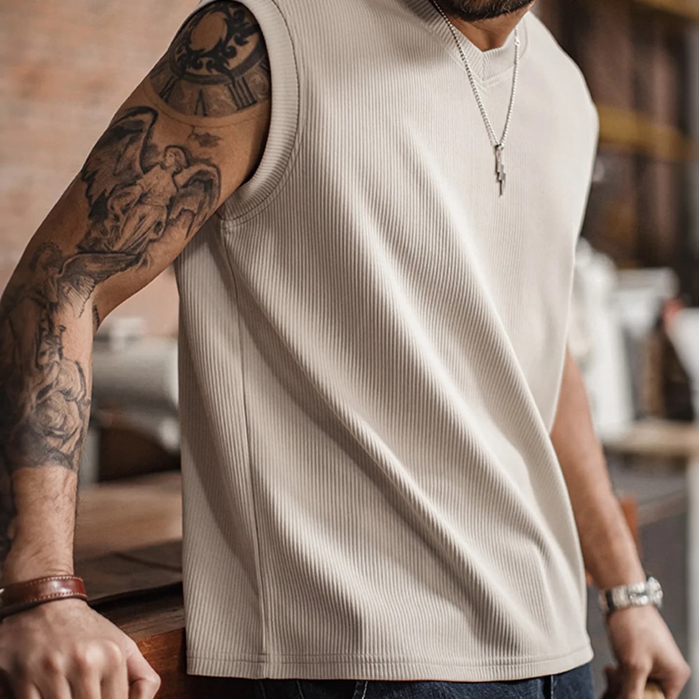 Maden Summer Casual Men's Sleeveless Tank Top Ribbed V-Neck Retro Workwear Solid Color Heavyweight Training Sports Shirt