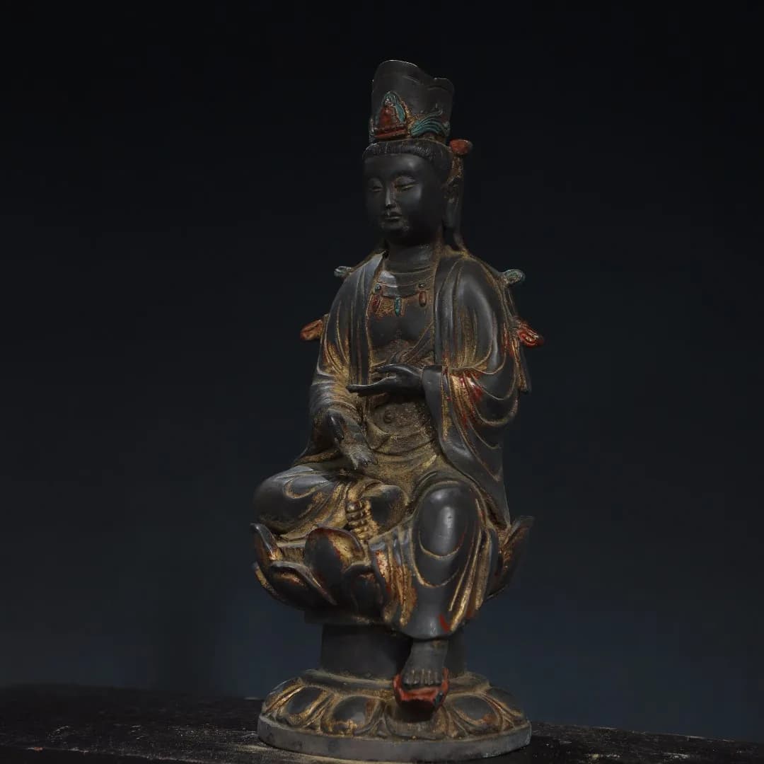 11"Tibetan Temple Collection Old Bronze Cinnabar Mud gold Guanyin Bodhisattva Buddha Worship Hall Town house Exorcism