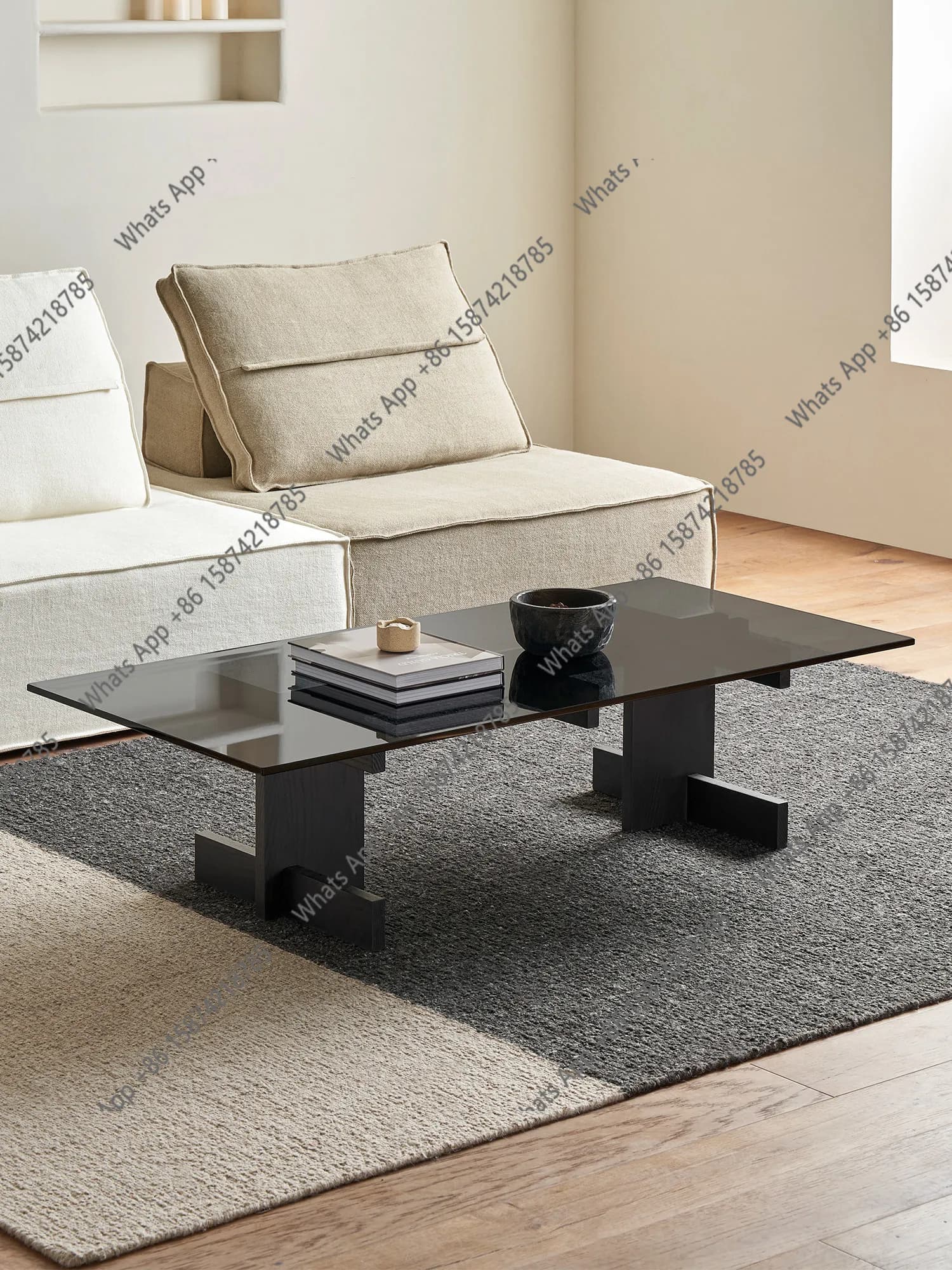 Solid wood coffee table black Italian minimalist glass countertop modern light luxury designer tea table designer