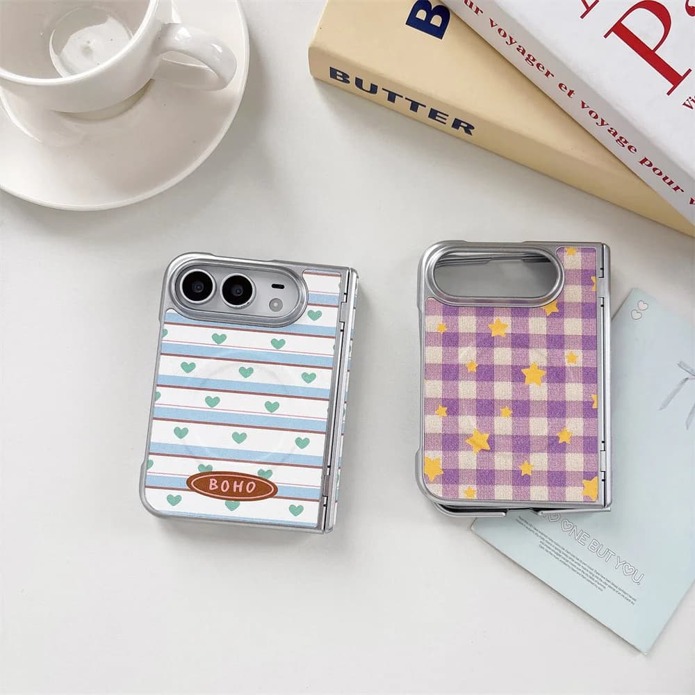 Korea Cute Stripe Heart Plaid Star Magnetic Rotating Bracket Phone Case For iPhone Duo Kawaii Protective Cover For Magsafe