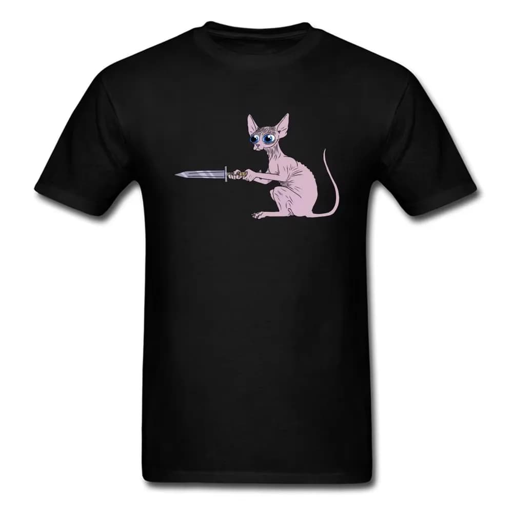 Novelty Cartoon Canadian Hairless Cat Printed T-Shirt 100% Cotton O-Neck Short Sleeve Summer Casual Mens T-shirt Streetwear