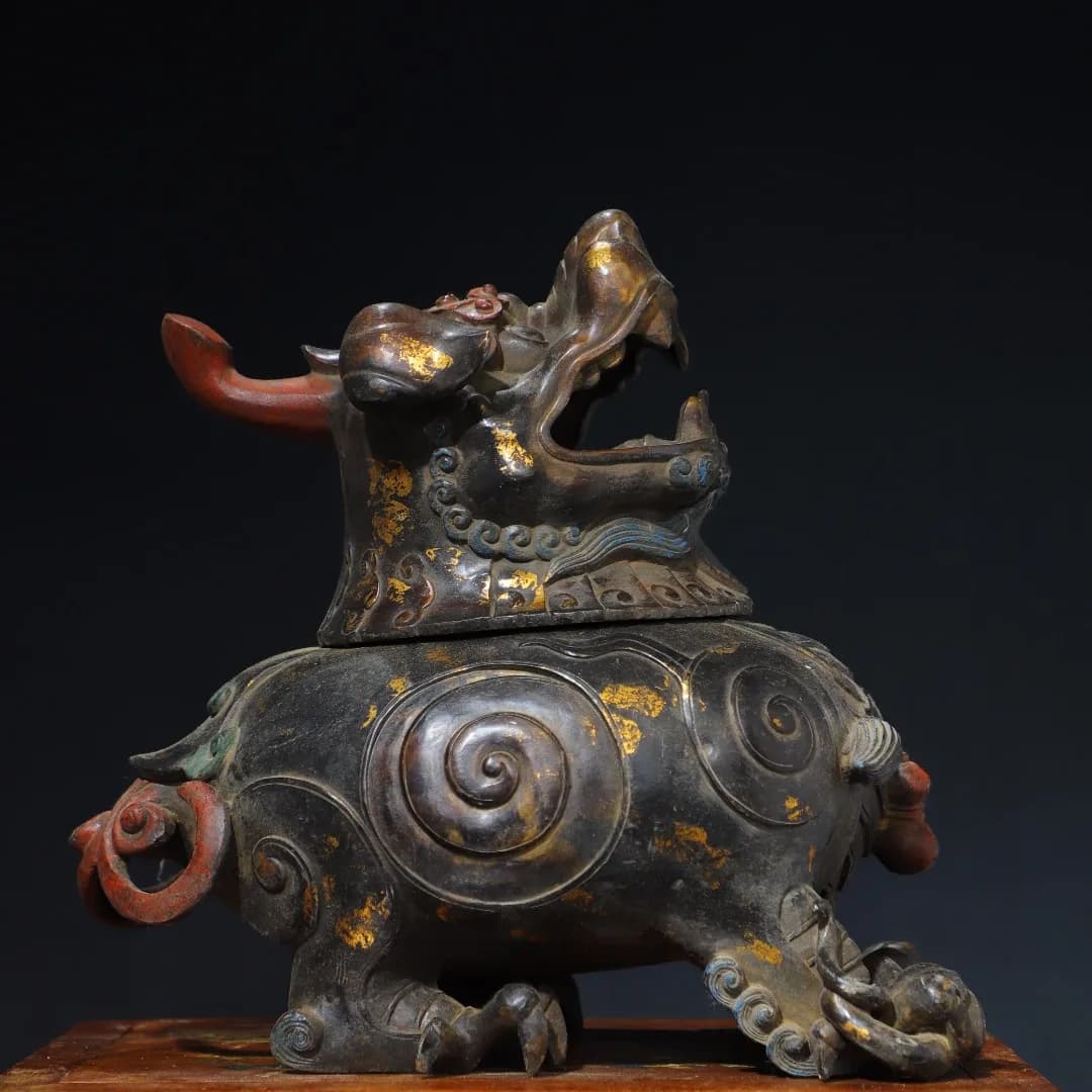 12"Tibetan Temple Collection Old Bronze Cinnabar Mud gold Unicorn Divine Beast Statue Incense Burner Amass wealth Ornaments