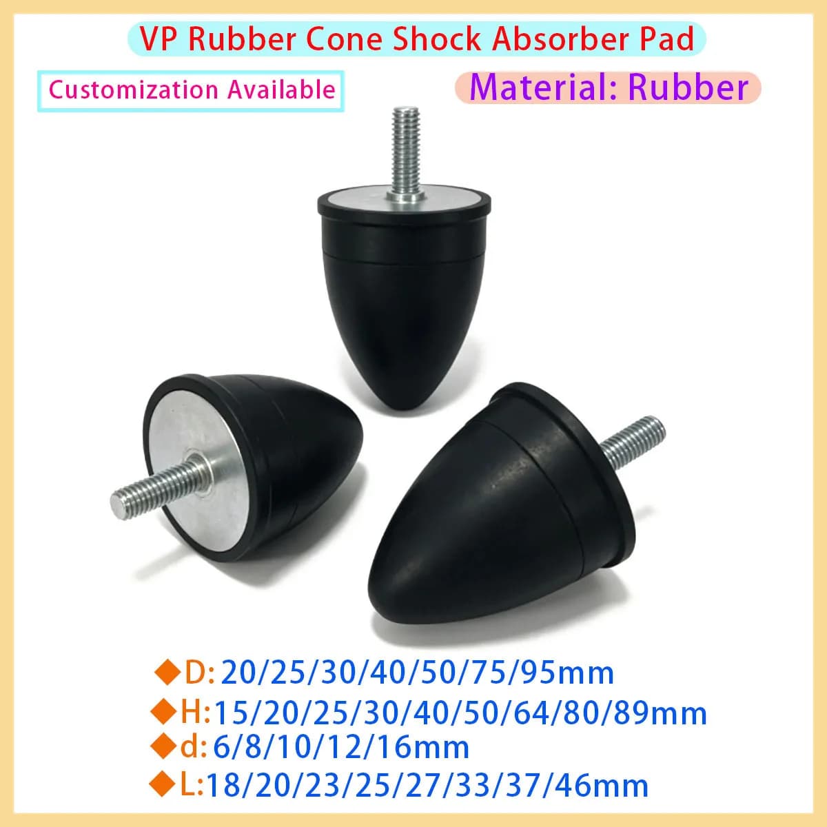 M4 M6 M8 M10 M12 M16 VP Type Shock Absorber Male End Single Threaded Conical Rubber Shock Absorber