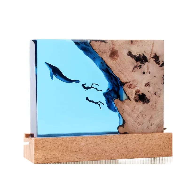 Ocean micro-landscape Epoxy resin night light, solid wood desktop ornament