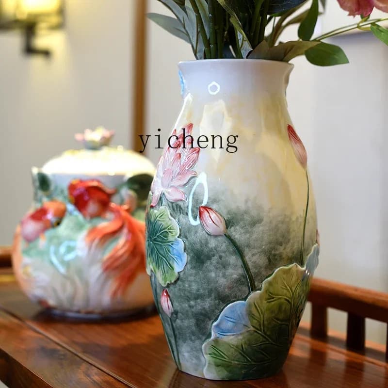 New Chinese Ceramic Lotus Vase Ornament Living Room Flower Arrangement Zen Office Entrance Entrance Home DecorationL28
