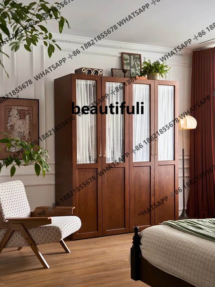 French retro solid wood wardrobe antique bedroom gauze curtain glass wardrobe home