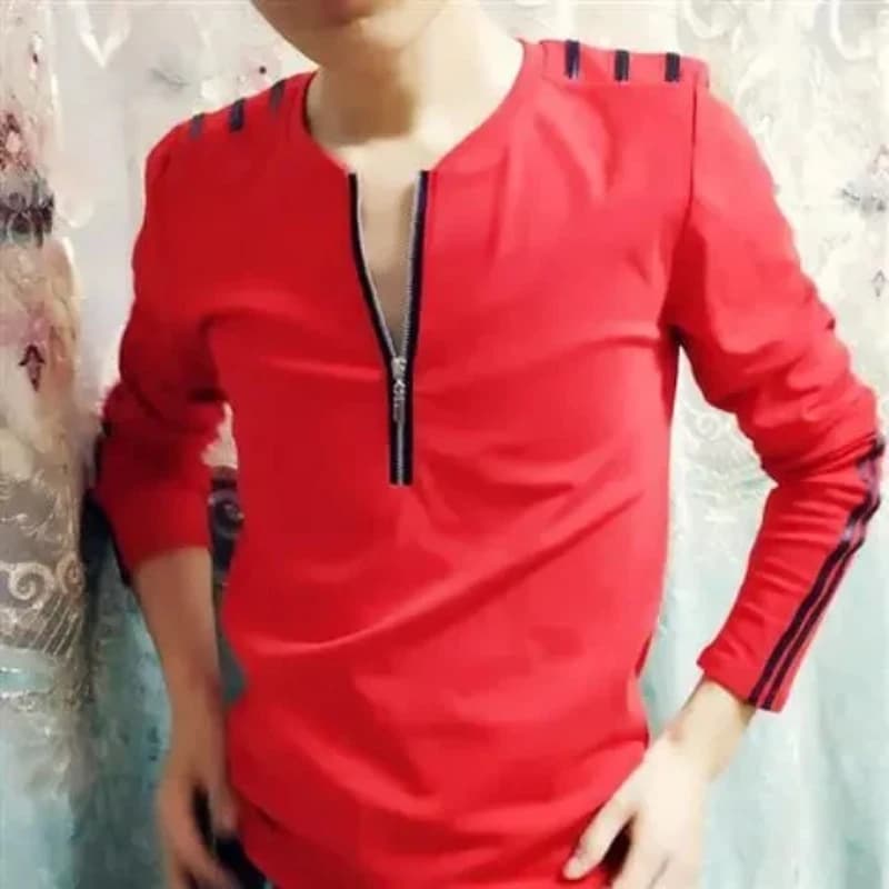 Men's Red Long Sleeve V Neck Zipper Front Casual T-Shirt With Shoulder And Sleeve Stripes For Daily Wear