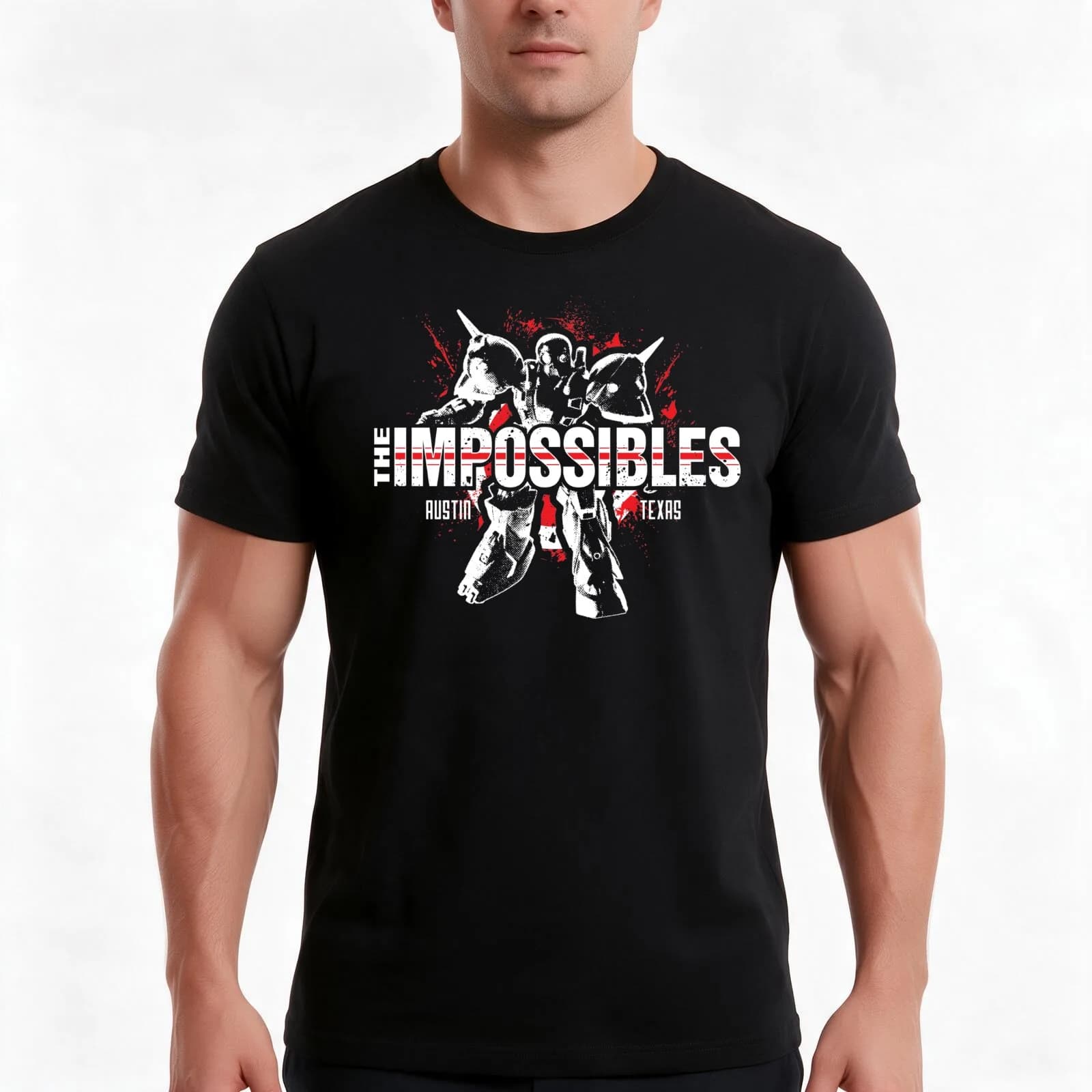 The Impossibles Logo w/ Robot - White and Red T-Shirt, Summer Casual Cotton Tee, Oversized Streetwear Tops, Unisex Men Women