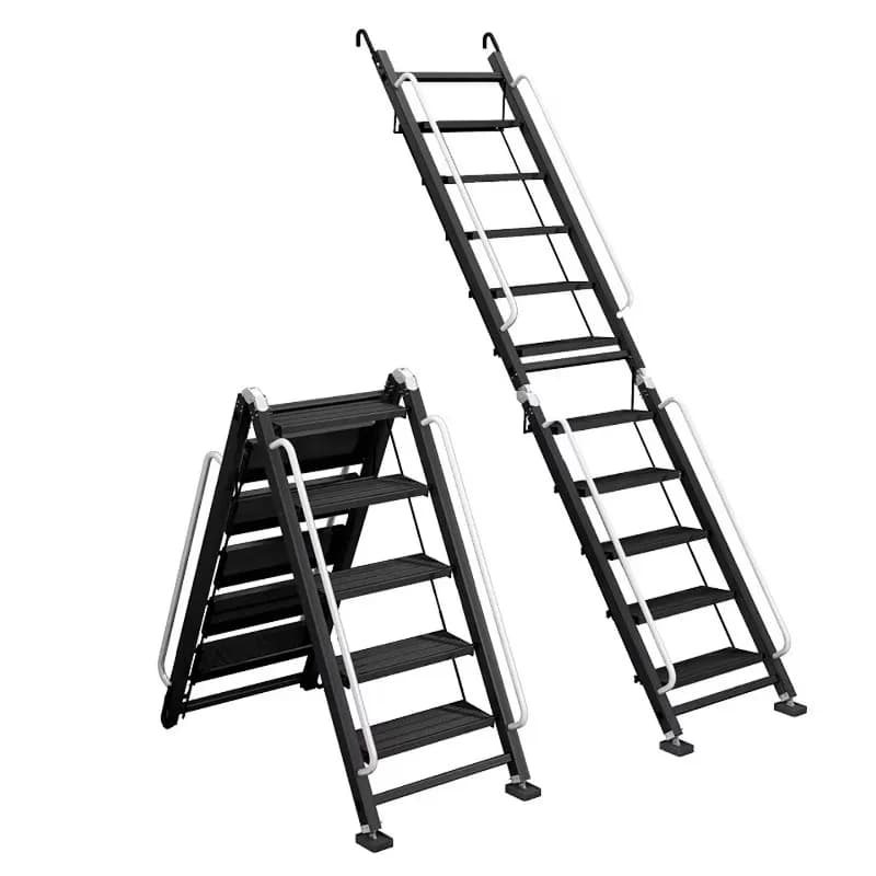 Thickened aluminum alloy loft ladder with extended handrails for indoor and outdoor use, aluminum-magnesium alloy matte black