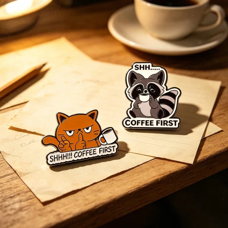 Creative Funny Coffee Animal Brooch Cartoon Cat Raccoon Enamel Metal Badges Gift Pins DIY Clothing Bags Hat T-shirt Accessories