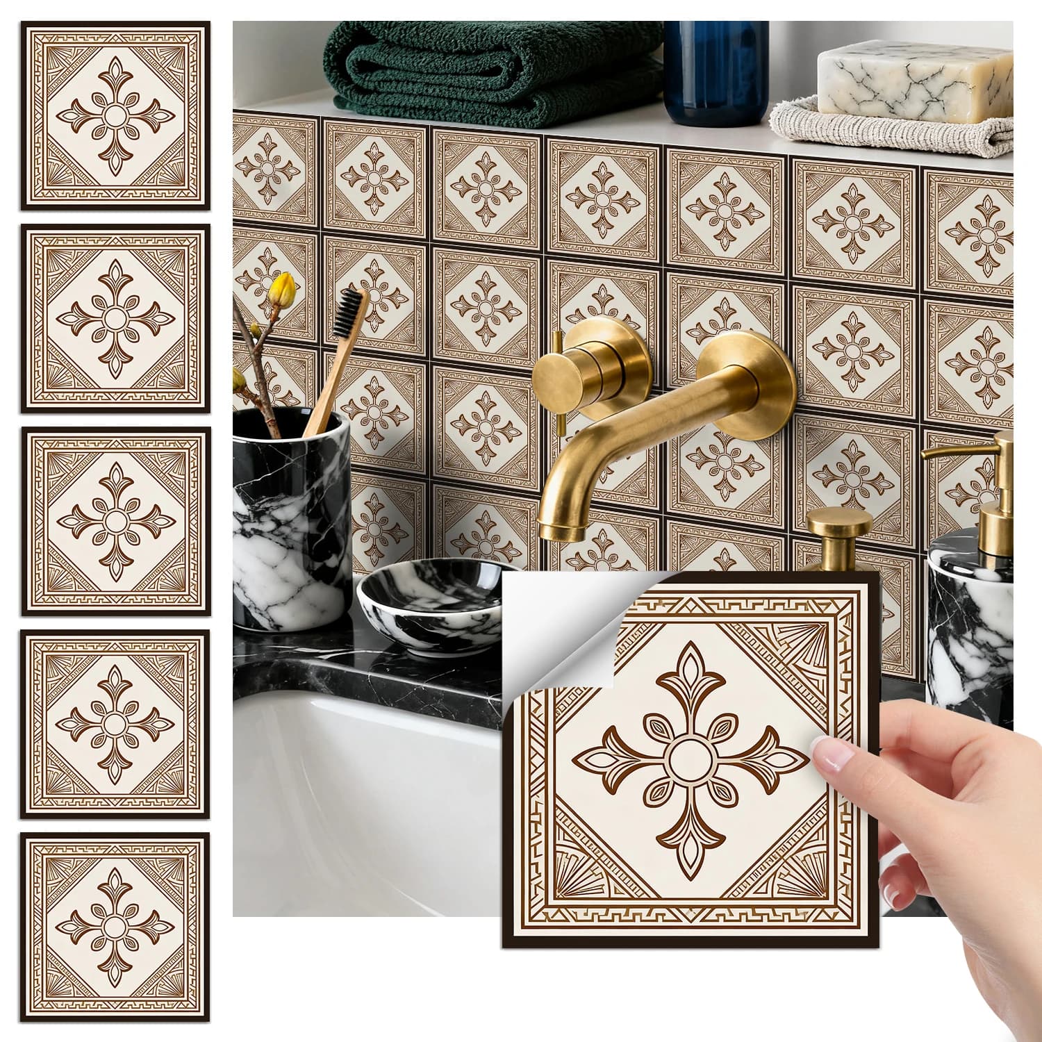 36Pcs Vintage Floral Tile Stickers, Self-Adhesive Peel and Stick Wall Decals, Waterproof for Kitchen Bathroom Home Decor