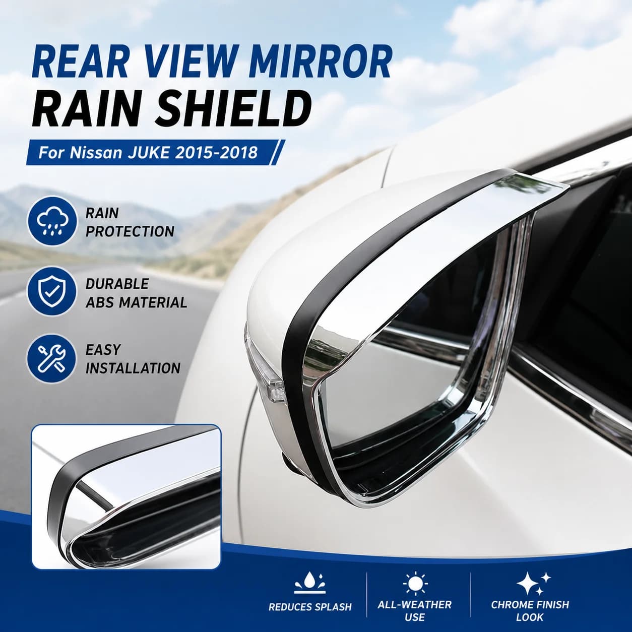 ABS Chrome Rear View Mirror Rain Shield For Nissan JUKE 2015-2018