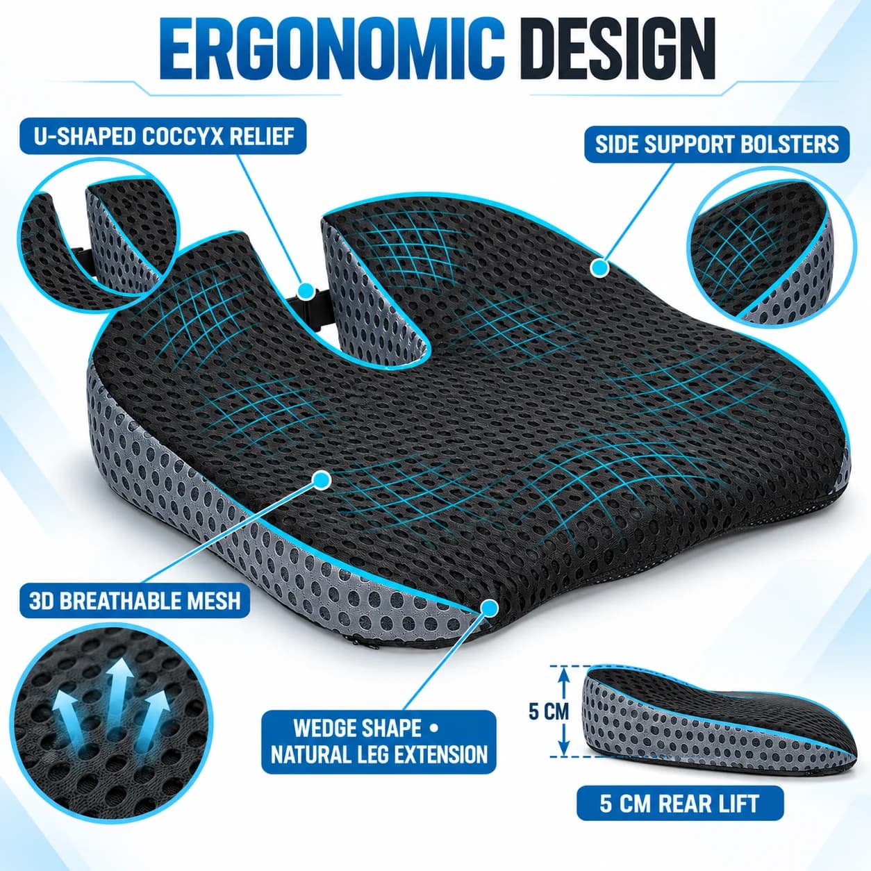 Car Wedge Seat Cushion with Memory Foam, Height Booster and Posture Support Pad for Driving