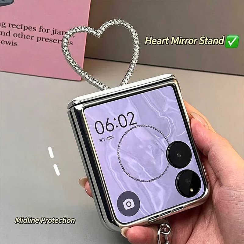 Heart Mirror Stand Flip Case For Xiaomi Mix Flip / Xiaomi Mix Flip 2 / Honor Magic V Flip 2 Cases Glitter Holder White Leather