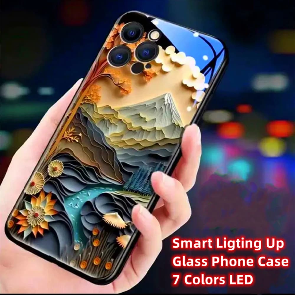 Pretty Mountain Scenery Design Smart LED Light Glow Tempered Glass Phone Case For Samsung S26 S25 S24 S23 S22 S21 S20 Plus Ultra