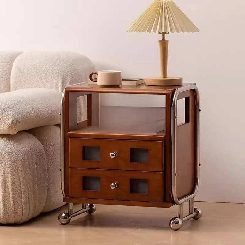 Retro solid wood bedside table stainless steel bedroom living room side cabinet storage