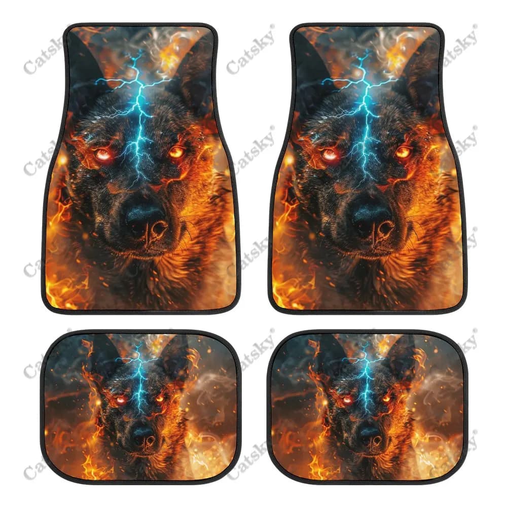 Flame Dog with Red Eyes Car Floor Mats 4-piece Front Rear Carpet Stain-resistant Set Suitable for SUV Truck Interior Decoration