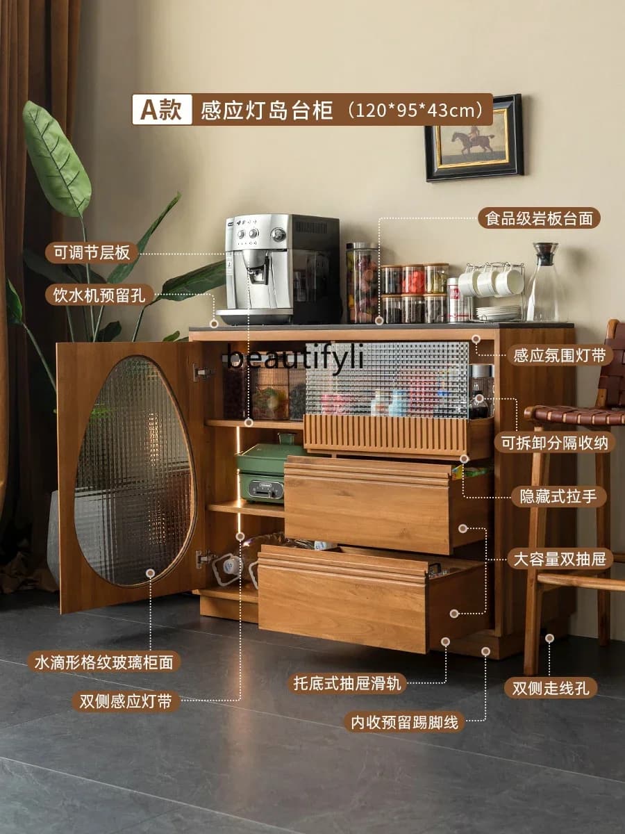 K185 Solid Wood Kitchen Island Bar Cabinet Stone Plate Living Room Retro Dining Room Locker Kitchen Island Kitchen Counter