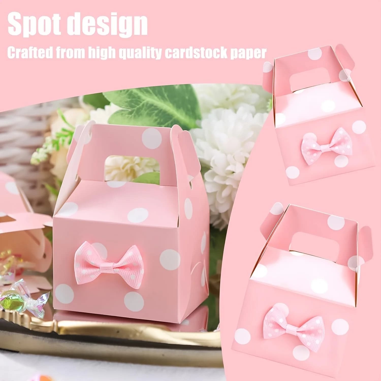30 Piece Pink Polka Dot Roof Paper Compact Candy Gift Box, Suitable For Birthday, Wedding, Valentine's Day Party Supplies