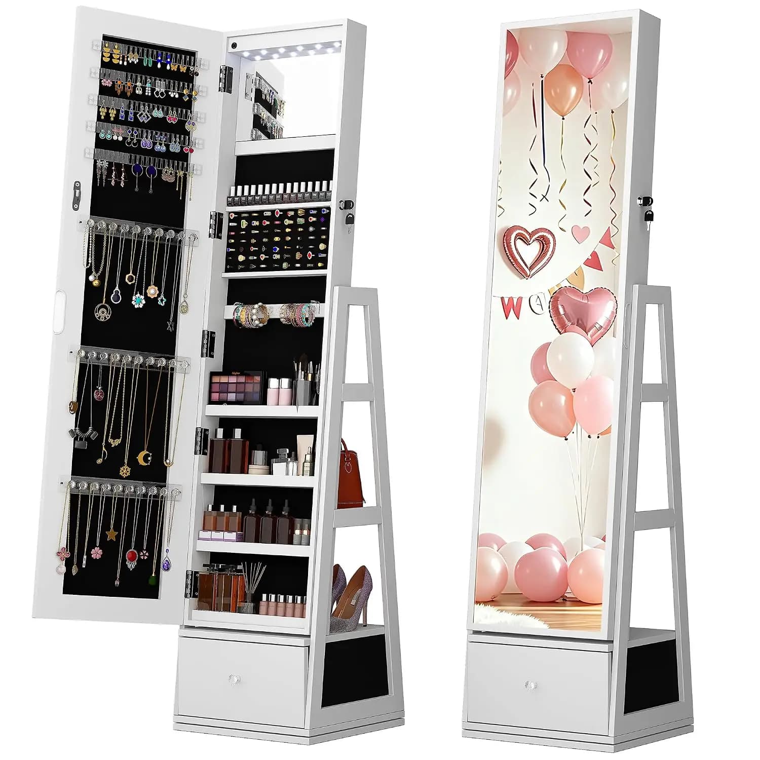 Rotatable 6 LEDs Jewelry Armoire With Drawer, White
