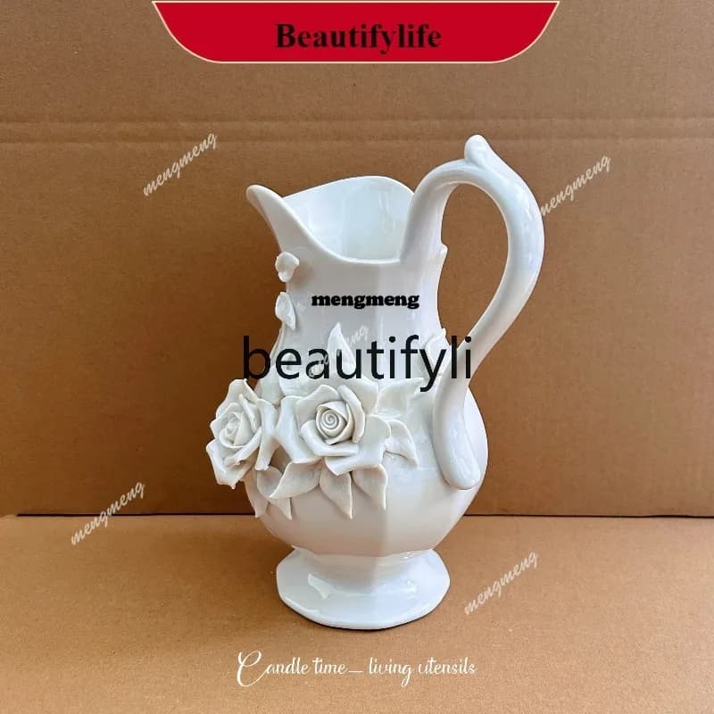 European-style exquisite hand-squeezed rose ceramic water liter vase restaurant flower arrangement decorative vase  DD