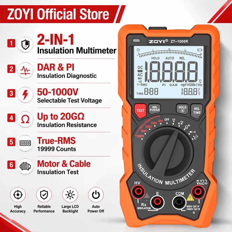 2 in 1 Professional Insulation Tester True RMS Multimeter ZT-1000R 1000V 20GΩ DAR PI Test 19999 Counts Electrician Tool