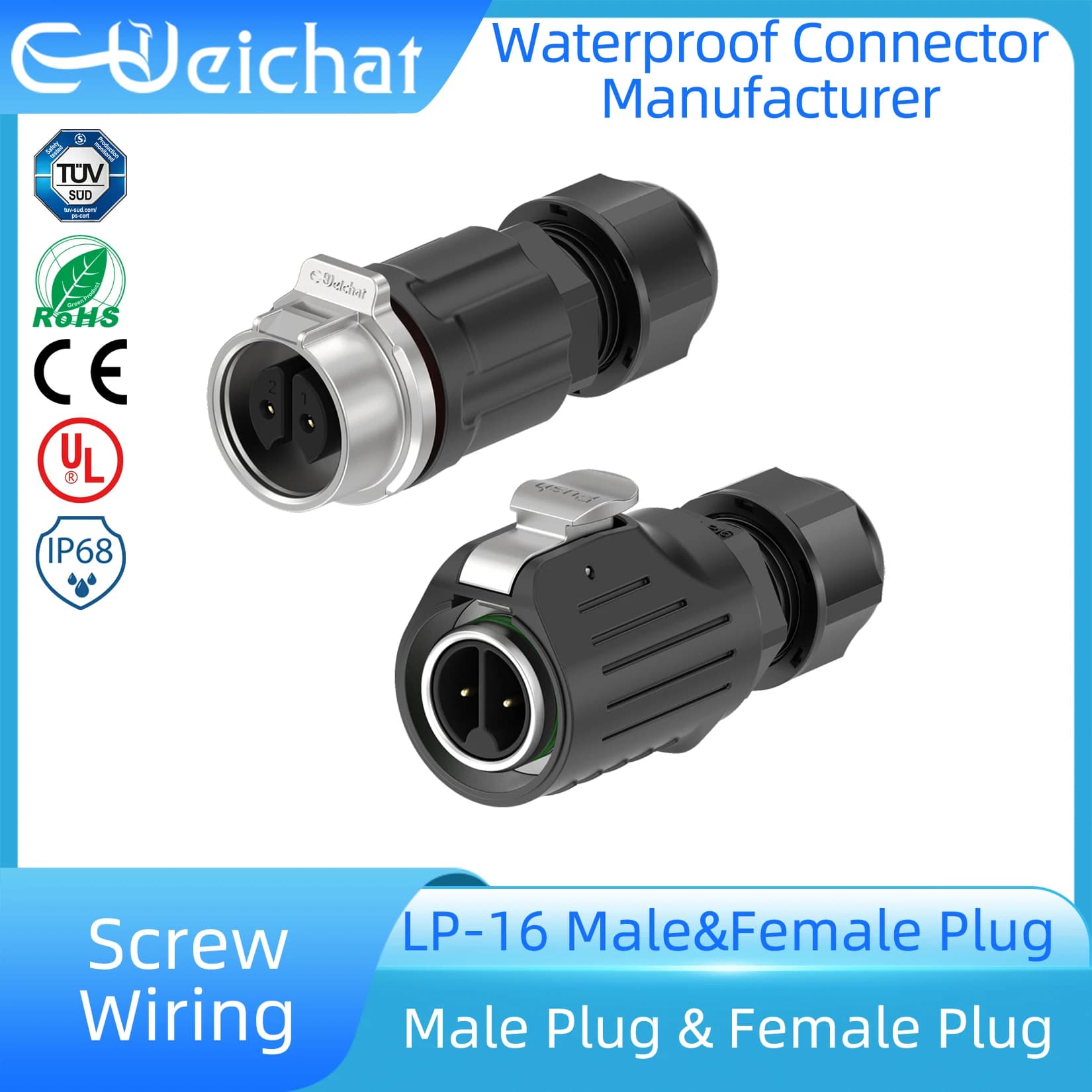 EW-LP16 Solderless Adapter 2 3 4 5 Pin IP68 Quick Self-Locking Screw Connection Waterproof Power Connector M16 Welding Free