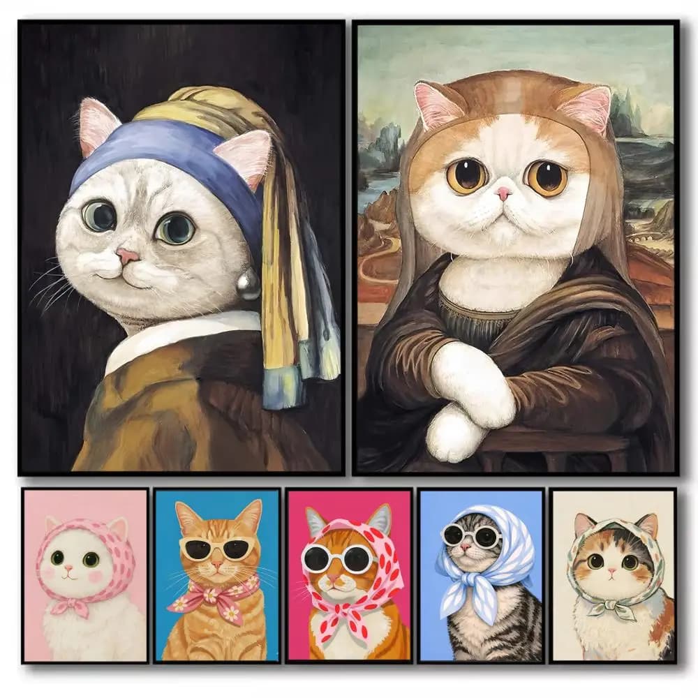 Art Cat Cute Poster Self Adhesive Wall Stickers Removable Room Decor Aesthetic Space Decor Murals Gift
