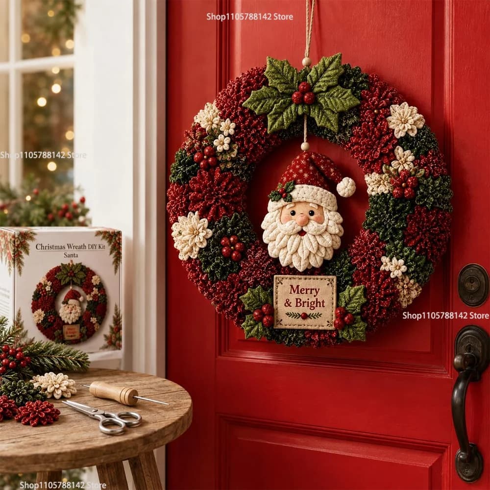 3D Fabric Poke Wreath DIY Kit, Christmas Wreath DIY Kit for Adults Santa Beginner-Friendly Holiday Wreath Making Kit&Door Decor