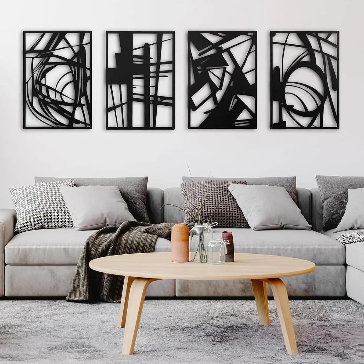 4 Pack Black Abstract Metal Wall Art, 3D Textured Metal Wall Sculptures, for Living Room Bedroom Bathroom Study Room