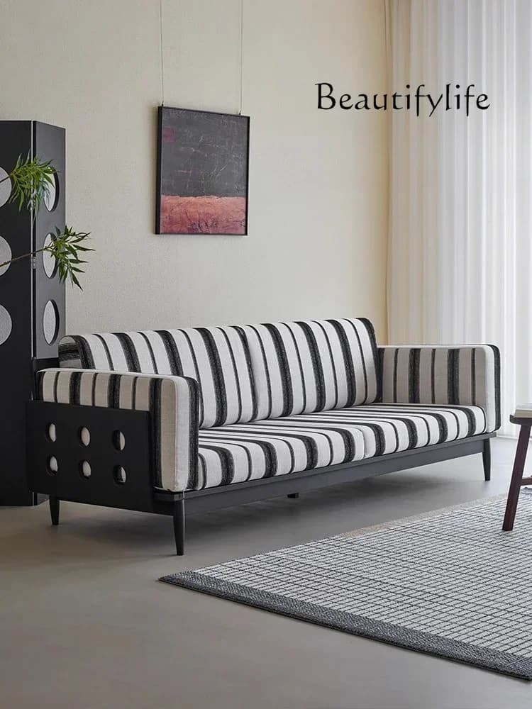 A44 mM Solid wood fabric sofa retro black medieval ash wood living room three-person straight row sofa removable and washable