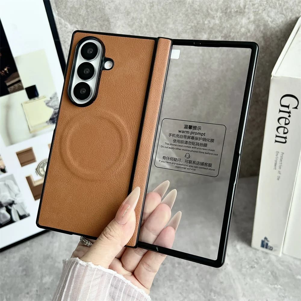 Fashion Leather Phone Case For Samsung Galaxy Z Fold 7 6 5 5G Front Protection Film Hinge MagSafe Magnetic Hard Shell Back Cover
