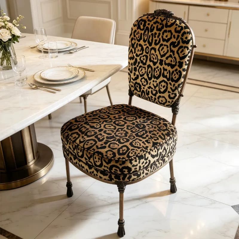 French luxury leopard print velvet dining chair antique hand-carved metal frame dining room decorative edge chair