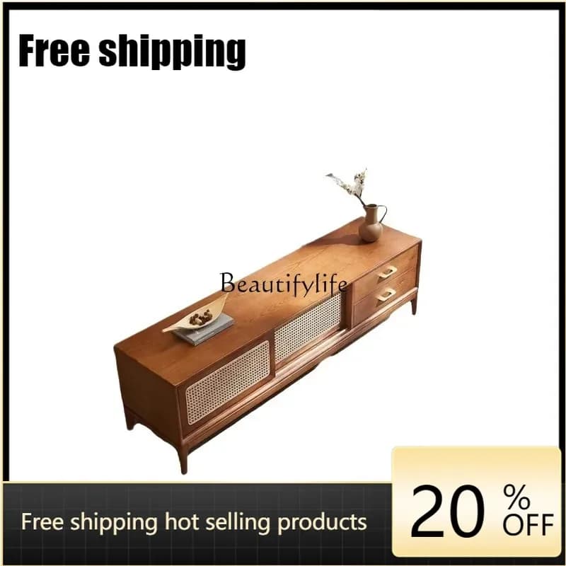 X4 Solid wood rattan TV cabinet Japanese simple homestay creative rattan storage storage cabinet