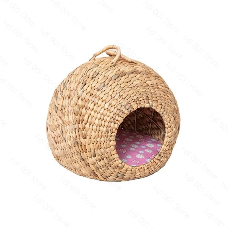 Summer Grass Woven Pet Nest All-season Rattan Kennel Semi-closed Sleeping House Pet Bed for Small Pets