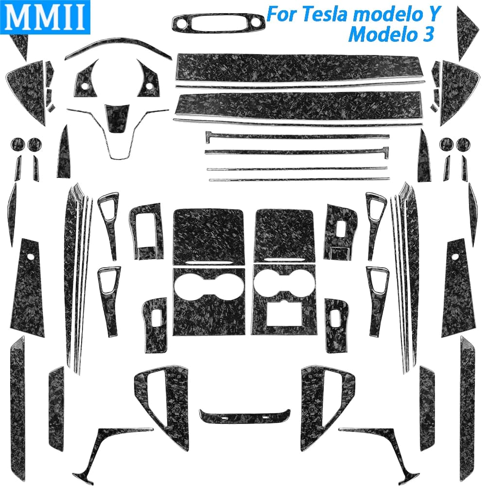 For Tesla Model Y 2020+ Model 3 17-22 Forged Carbon Fiber Center Dashboard Steering Wheel Panel Window Lift Switch Suits Sticker