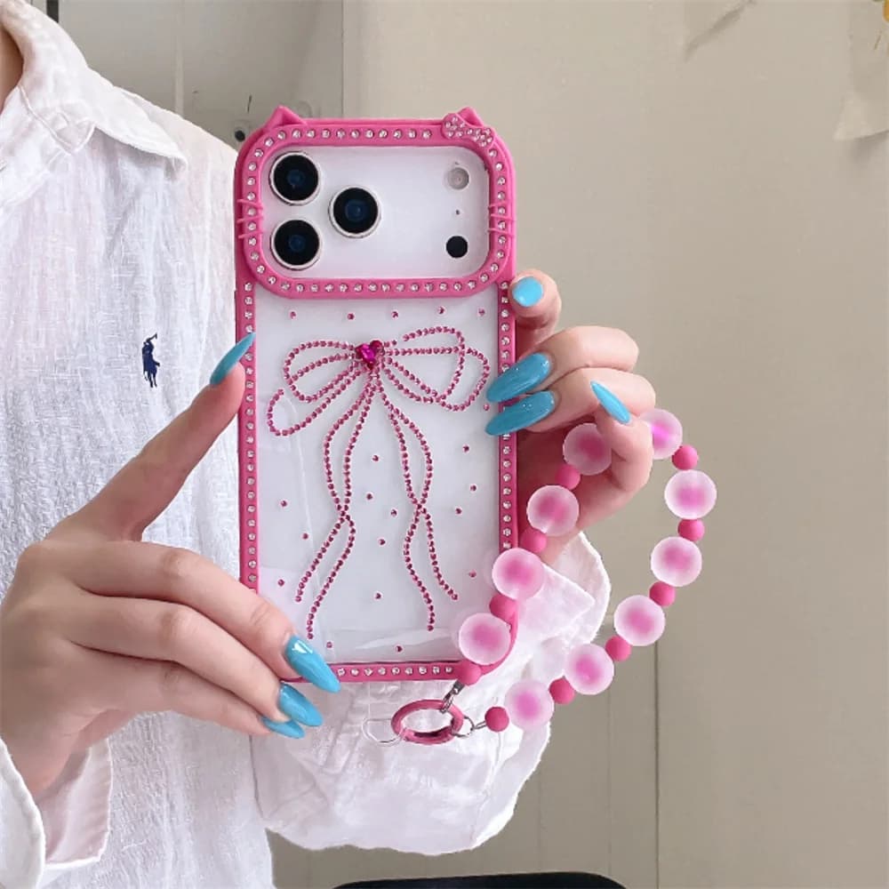 Sweet Girly Cat Ear Frame Bling Rhinestone Bow Clear Phone Case for 17 Pro Max Matte Bead Lanyard Cover for iPhone 16 15 14 13