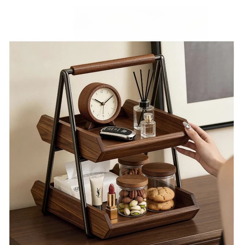 Retro double-layer desktop storage rack Solid wood double-layer portable storage rack