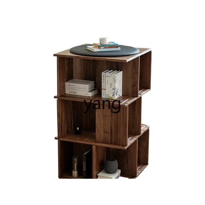 LHH  Black Walnut Rotary Bookshelf Floor Shelf Solid Wood Wall Side Cabinet