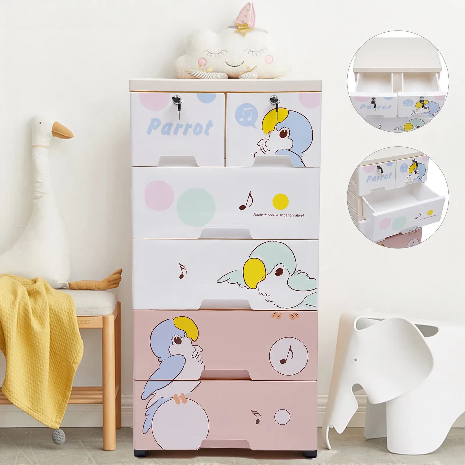 /for 5-Layer Dresser Collection Locker,Cute Parrot Pattern Wardrobe with Rollers ,Large Capacity Food-grade PP Baby Storage Box