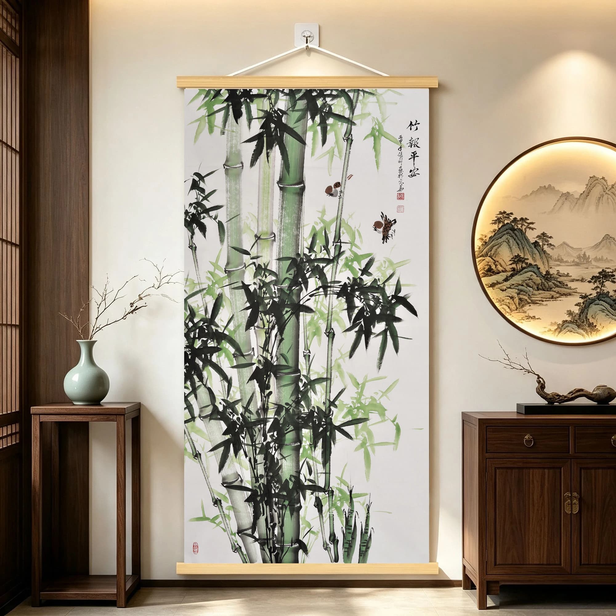 Traditional Chinese ink painting "Bamboo Returns Peace" hanging painting, suitable for decoration in foyer living rooms