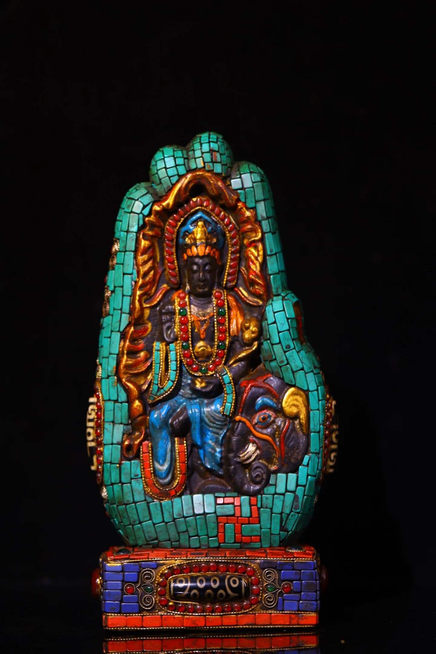 10"Old Natural Meteorite Mosaic Gem gZi Beads Turquoise Painted Manjushri Bodhisattva Elephant mounts Buddha Head Buddha