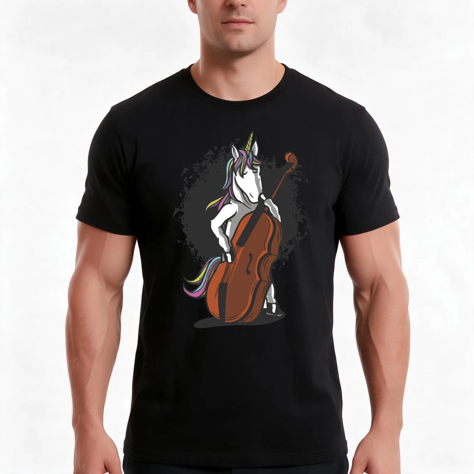 Unicorn plays double bass music T-Shirt, Summer Casual Cotton Tee, Oversized Streetwear Tops, Vintage Graphic Print, 100% Cotton