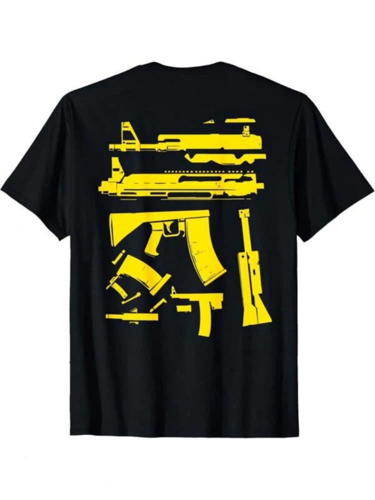 with Yellow Gun,AK-47/RPG/Draco Design,with AK-47&RPG-7 Graphics-100% cotton O-neck short sleeve printed men's T-shirt.