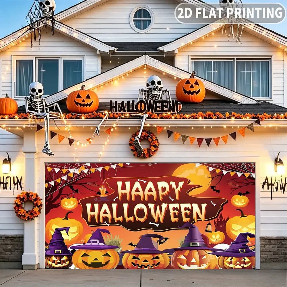 1pc 2D FLAT Halloween Party Garage Banner, Happy Halloween Pumpkin Witch Hat Pattern Pattern, No Power Need, for Garage Decor